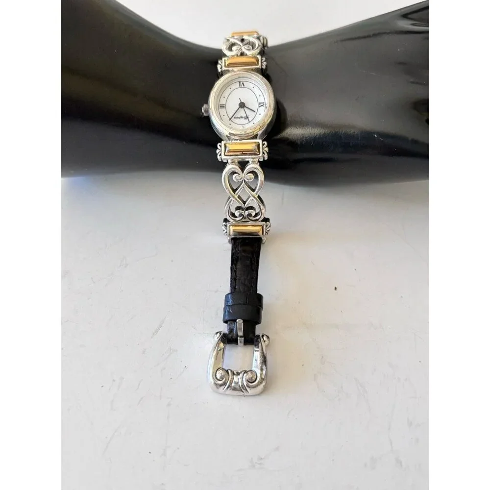 Brighton CHAMPAGNE Silver/Gold Tone Oval Face Black Band New Battery Comes Tin